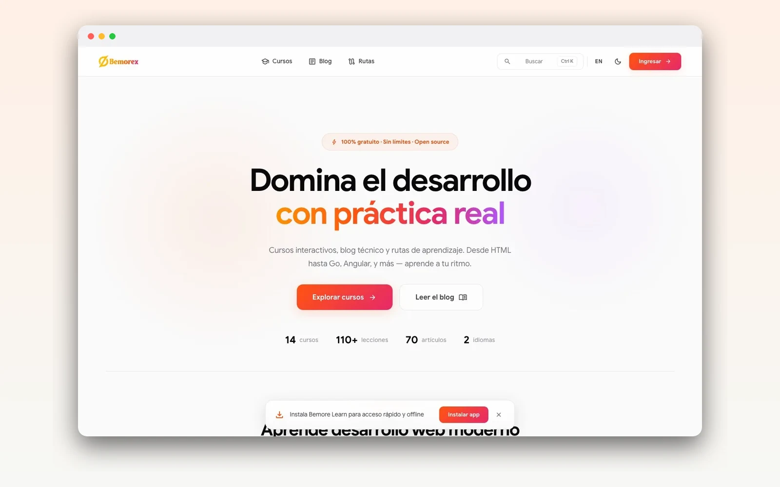 Bemorex Learn — Plataforma de aprendizaje — Cursos interactivos, blog técnico y rutas de aprendizaje de desarrollo, 100% gratis y open source