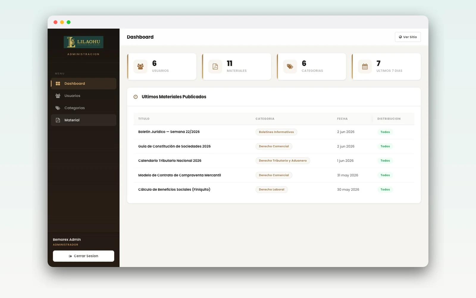Lilaohu — Portal consultora legal-contable — Sitio corporativo + portal privado de documentos PDF con control de acceso por cliente