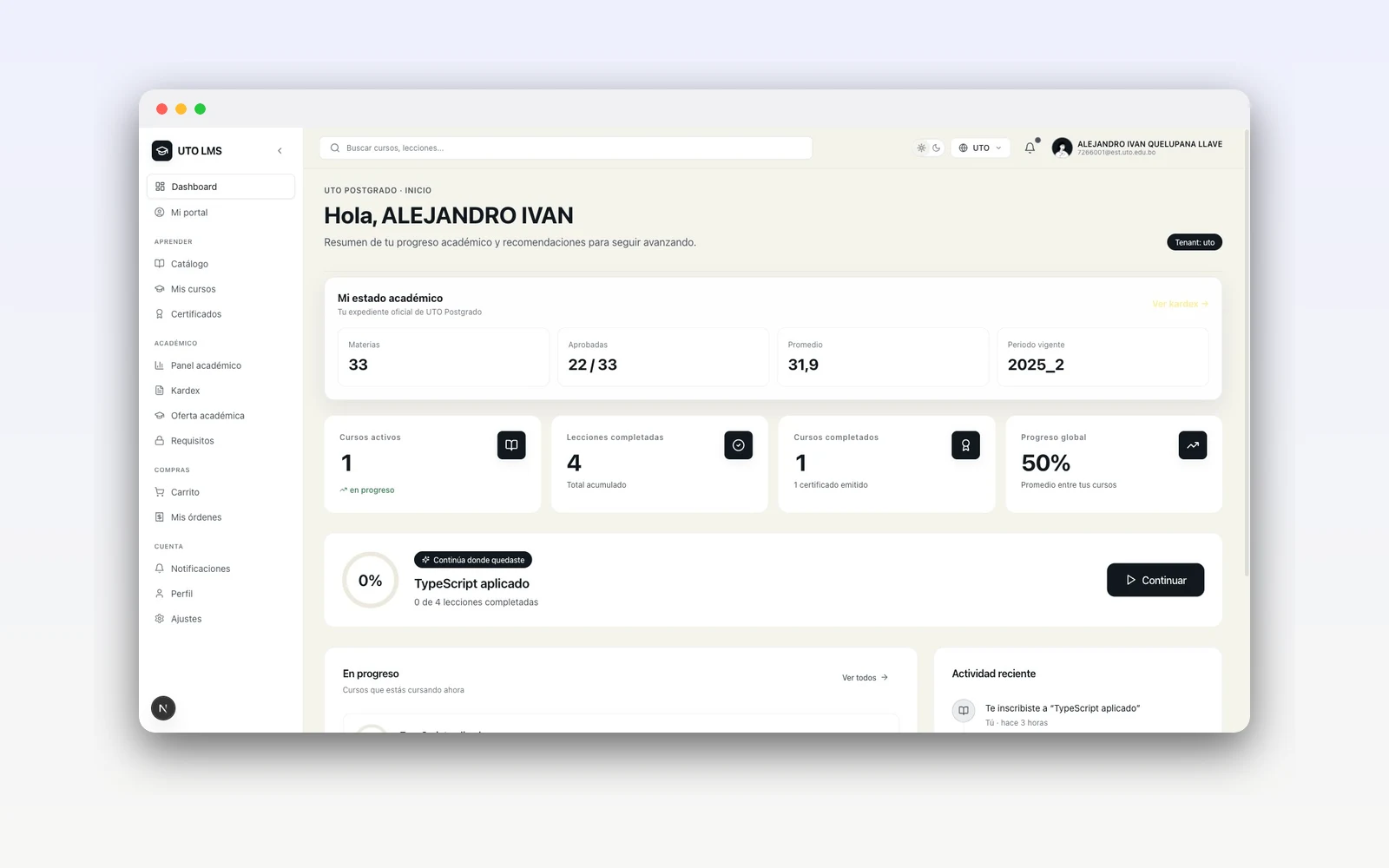 UTO Learn — LMS de postgrado — Plataforma e-learning con catálogo, matrícula, kárdex académico y tienda de cursos